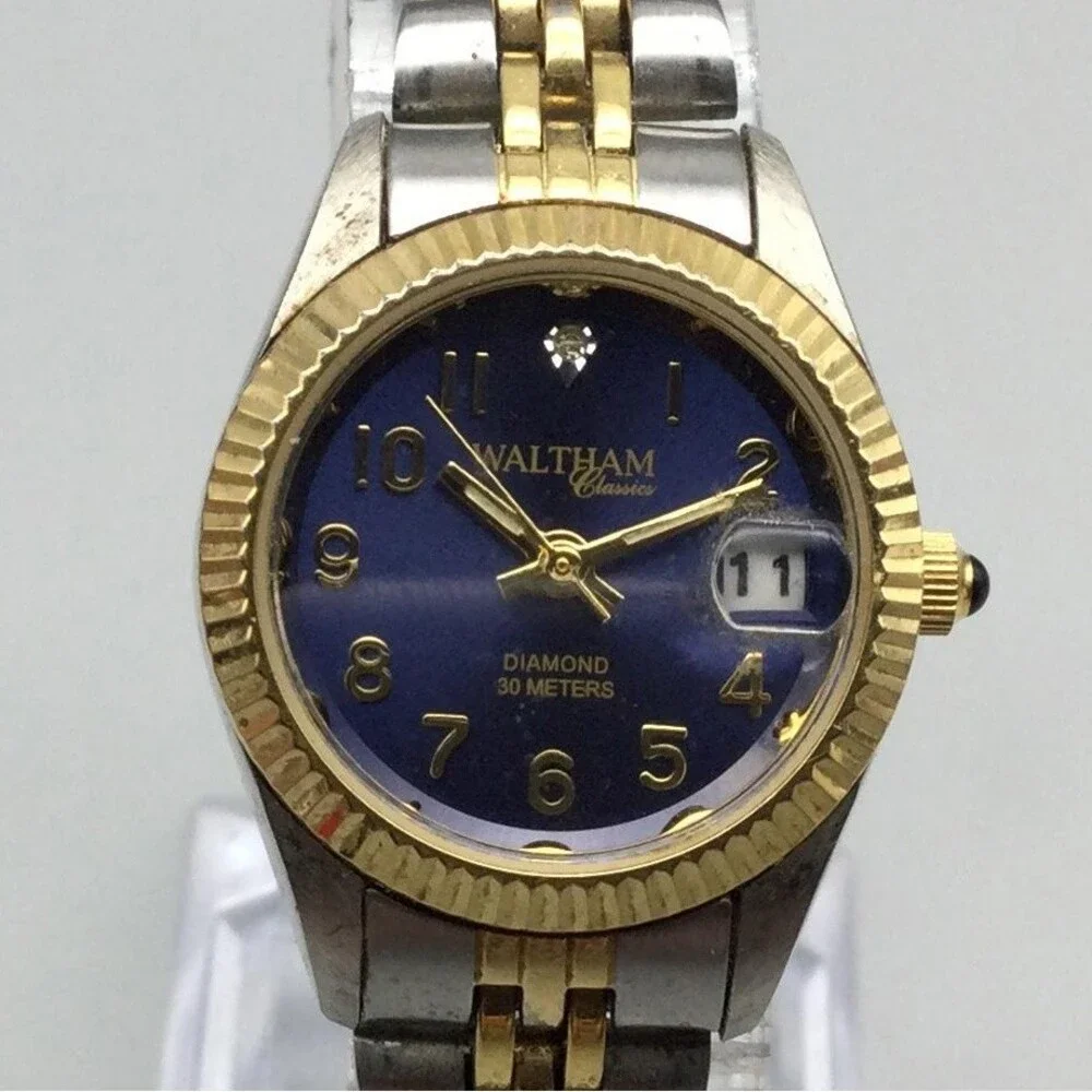 Waltham Womens Watch 24mm Blue Dial Two Tone Diamond Date New Battery 6